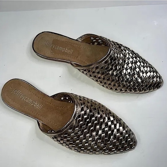 Jeffrey Campbell Shoes - Jeffrey Campbell Doshi Gold Metallic Leather Woven Almond Toe Mules Flat…